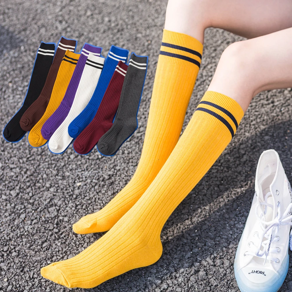 

2 Pairs 2020 Women New Cotton Long Calf Socks Stylish Strips Preppy Style Breathable Soft Casual Street Girl Stocking Calf Sox