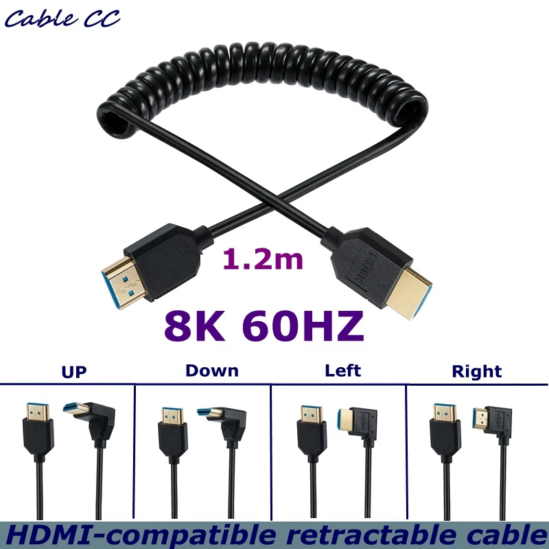 

90 Degree Angle Outer Diameter 4.0mm HDMI-Compatible HD Coiled Cable HDTV-2.1 Tension Spring Coiled Flexible Thin Cable 8k@60hz