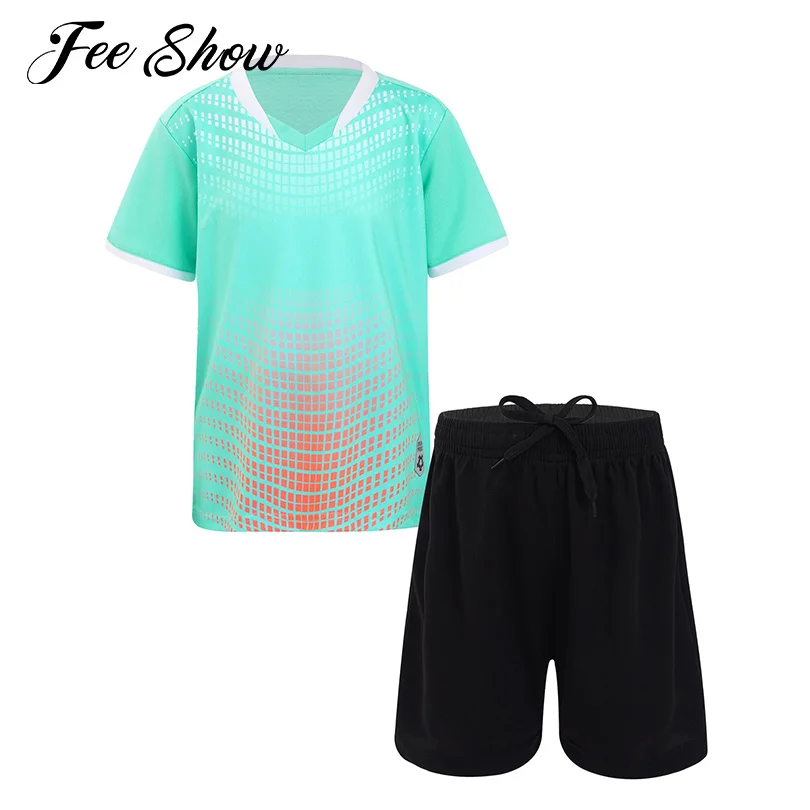 

Kids Boys Quick Drying Sport Suits Running Outfit Tracksuit Short Sleeve T-shirt Top+Mid Waist Shorts Football Team Uniform Sets