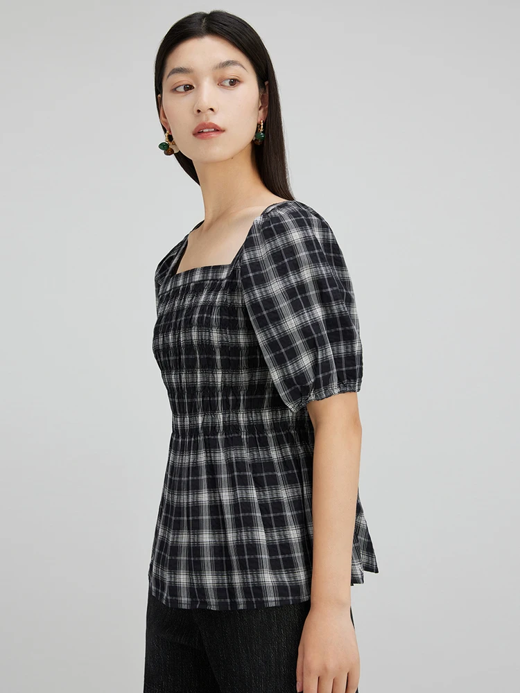 Трансляция клетчатая рубашка с объемными рукавами и квадратным воротником