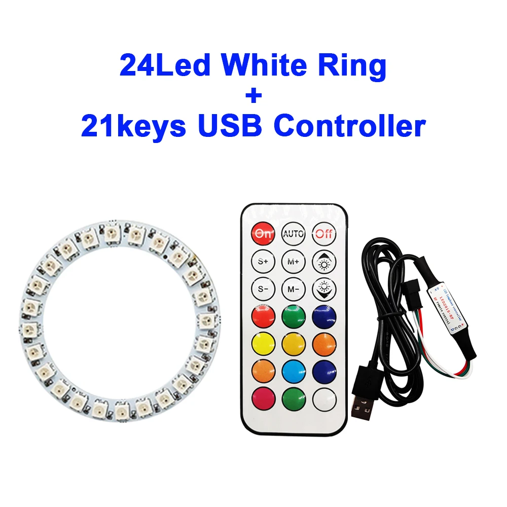 

WS2812B 8/16/24/35/45LED Light Ring Комплект контроллера 21 клавиша WS2812 IC Индивидуально адресуемое подключение интерфейса USB 5 В постоянного тока