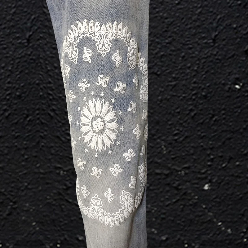 Street Fashion Men Jeans High Quality Retro Elastic Stretch Skinny Ripped Jeans Men Printed Designer Hip Hop Brand Pants Hombre