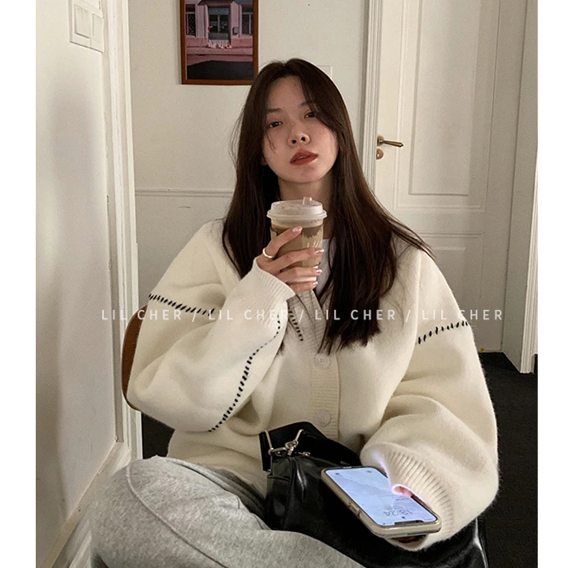 

Зимняя женская одежда, белый свитер, однобортный нитевой дизайн, ленивая ветровка, Новая модная Ретро верхняя одежда, кардиган, вязаные топы