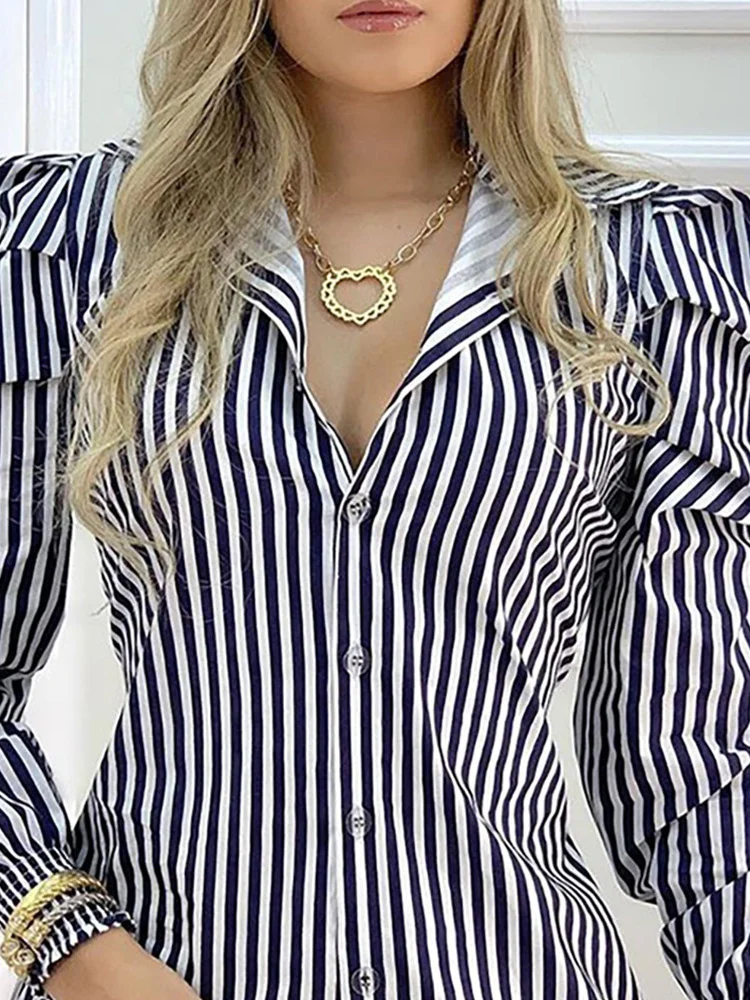 

Hot sale 2023 Striped Button Design Puffed Sleeve Shirt Dress Women Casual Work Dress