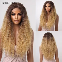 louis ferre long golden curly 131 t part lace front synthetic wigs ombre brown to blonde kinky curly wig for women afro natural