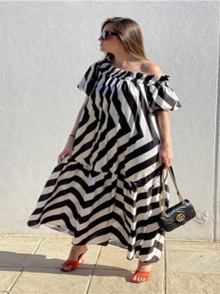 

Летнее женское платье, новинка 2023, платье с принтом, платье в полоску с коротким рукавом, очень большое Свободное длинное платье, женское праздничное платье