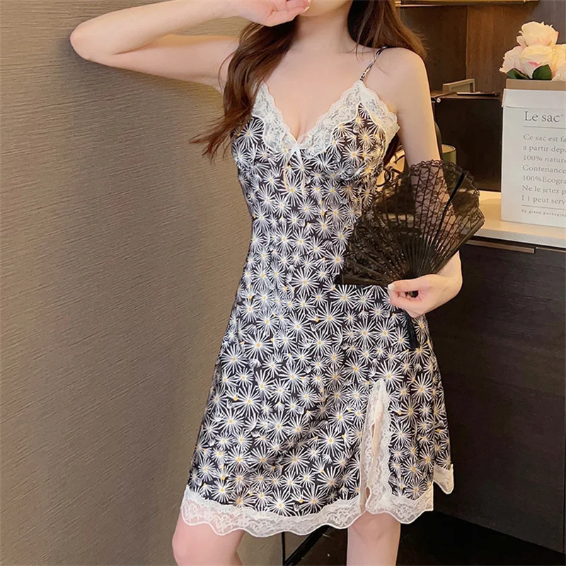 CAIYIER 2023 Summer Sexy Flower Nightdress Silk Lingerie Women Night Dress V-Neck Sexy Lace Sling Sleepdress Ladies Nightgowns