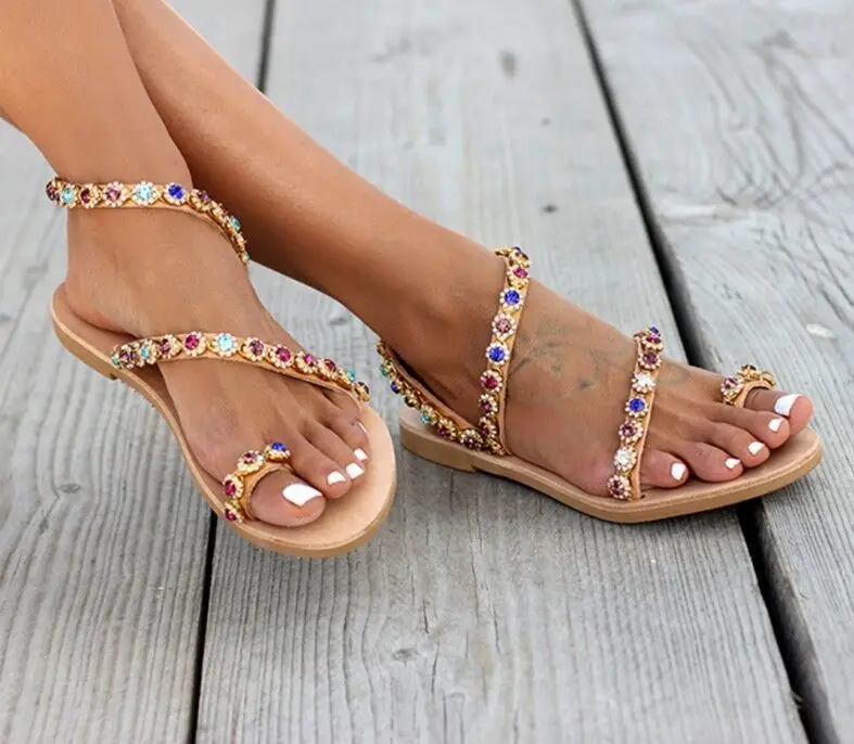 Summer 2023 Sandals Women Flat Bottom Flower Toe Sandals Colorful Diamond Beach Women's Shoes Fashion Sandals Large Size 35-43