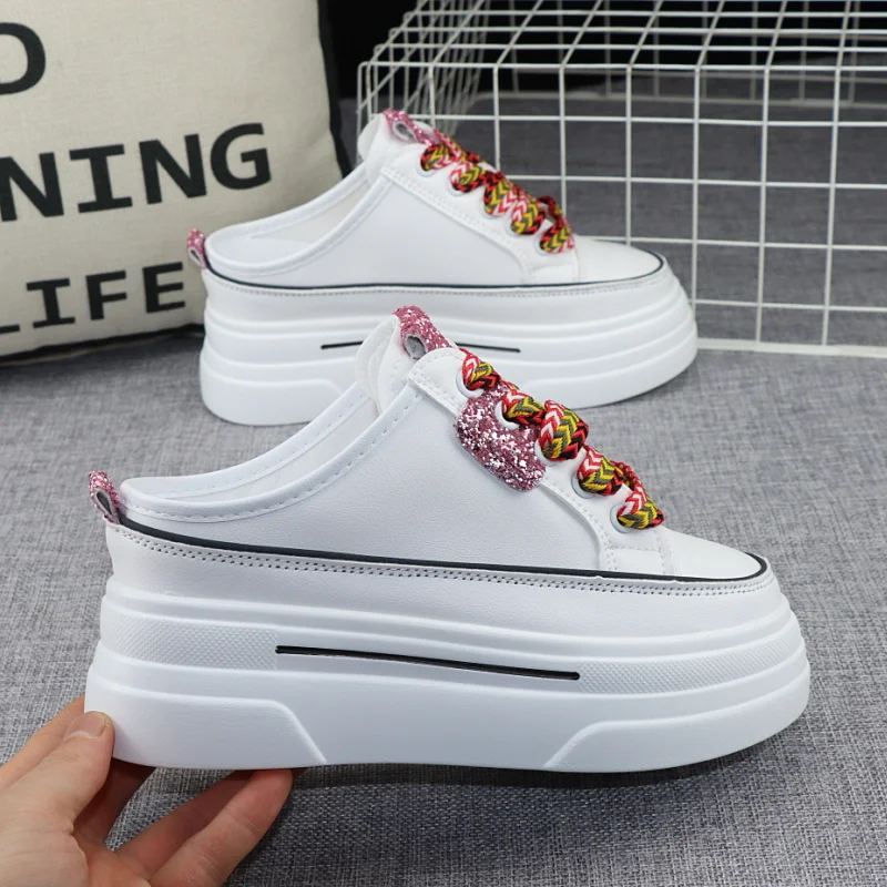 

Кожаные полутапочки с круглым носком 8 см, женская верхняя одежда, летние подходящие ко всему сандалии без застежек и каблука, кроссовки для ленивых