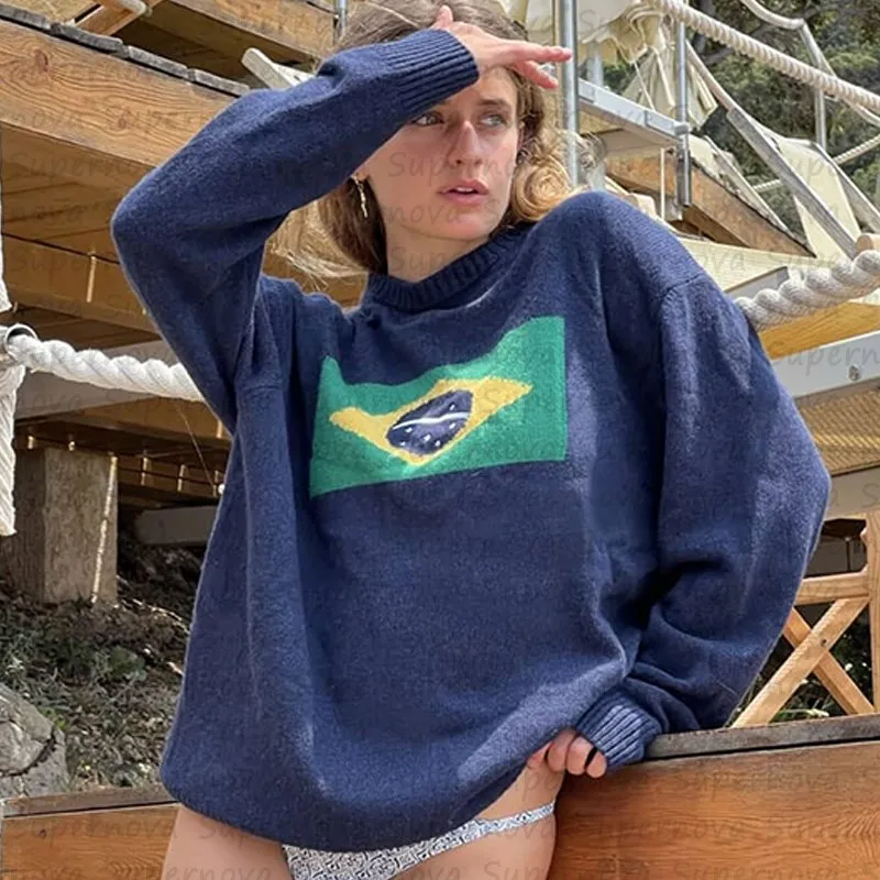 

2023 fashionable women's winter sweaters in the 1990s retro Brazilian sports aesthetics Harajuku sweater oversized Y2K sweater