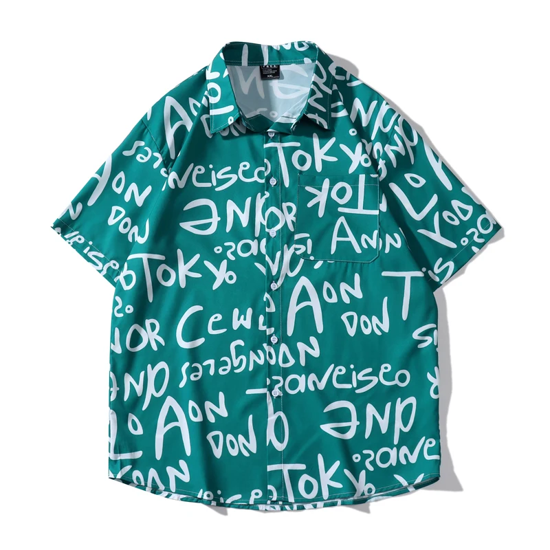 

Гавайская рубашка в японском стиле с надписью, Мужская свободная зеленая рубашка с короткими рукавами, Мужская одежда, летняя пляжная рубаш...