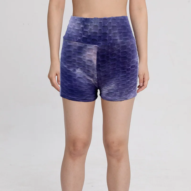 Women Pocket Tie Dyed Bubble Yoga Shorts High Waist Gym Shorts Workout Short Fitness Running Short Athletic Legging