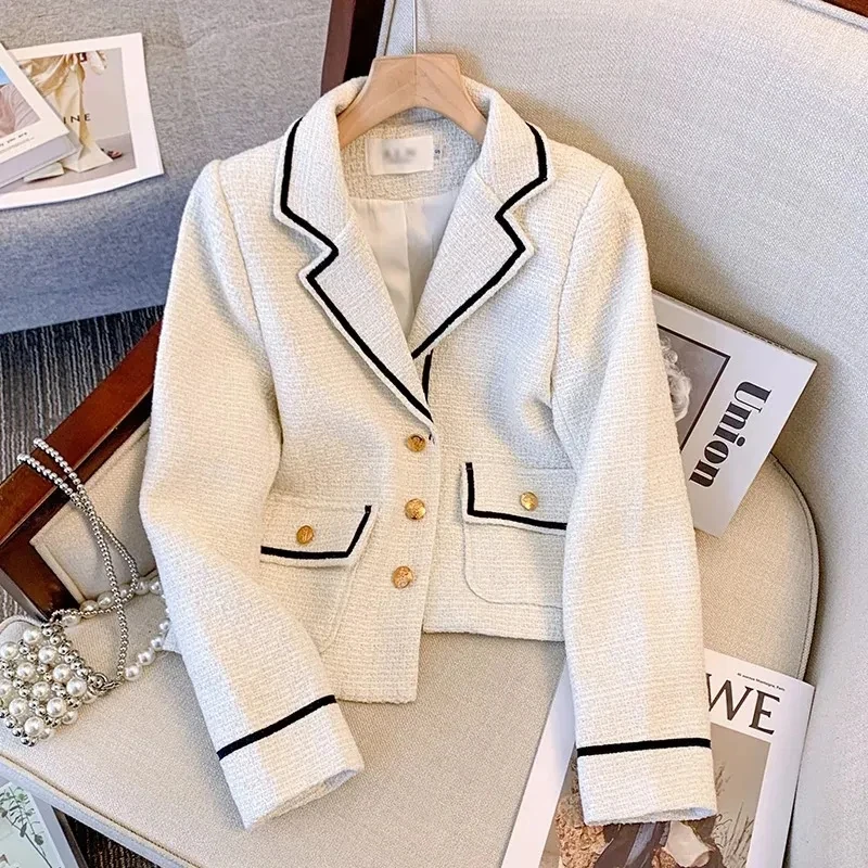 

Женская твидовая короткая куртка, элегантная однобортная шерстяная куртка контрастных цветов в английском стиле с отложным карманом, верхняя одежда, зима-осень 2023