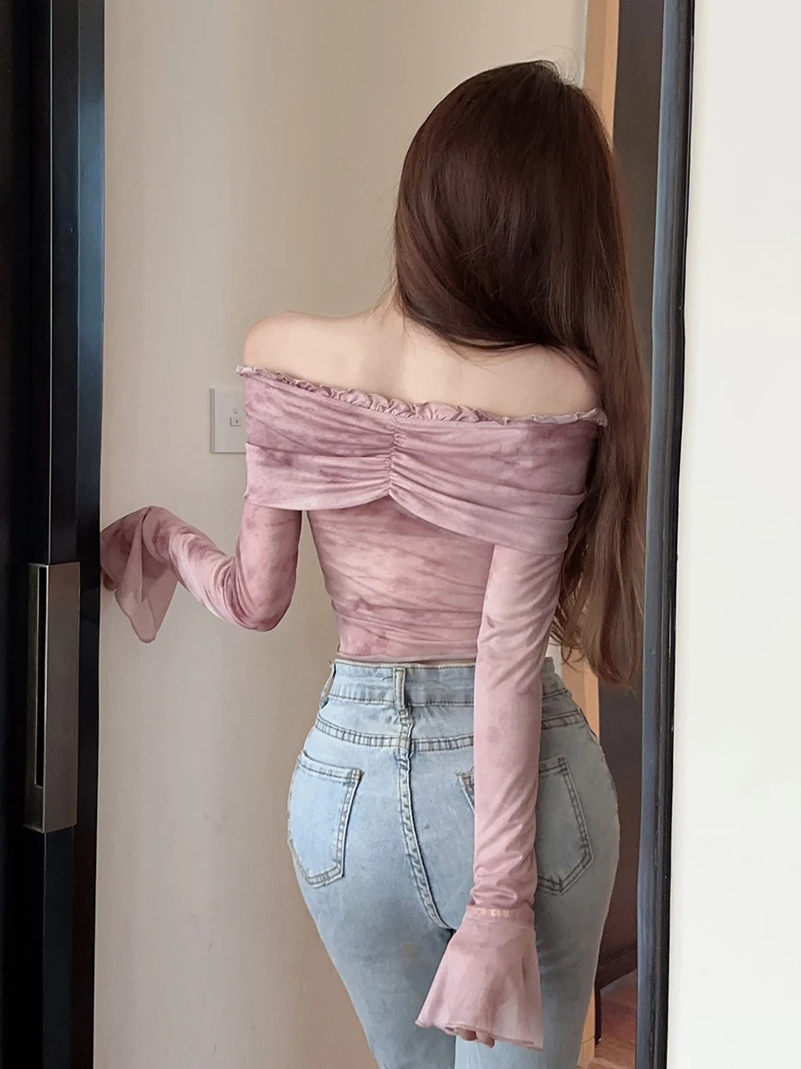 RORORIRI Grayu Desire женская футболка на одно плечо с расклешенными рукавами шнуровка