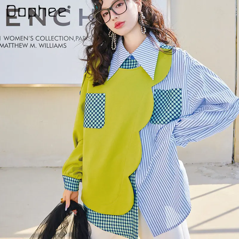 

Spring New Special-Interest Design Shirt Tops Women's Loose Stitching Green Long Sleeve Fashion Blouse Tops for Ladies