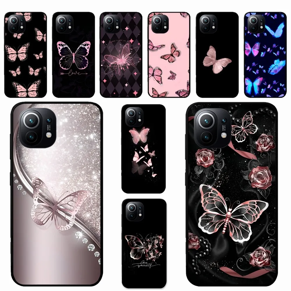 

Beauty Pink Butterfly Phone Case For Xiaomi Mi 5X 8 9 10 11 12 lite pro 10T PocoX3pro PocoM3 Note 10 pro lite