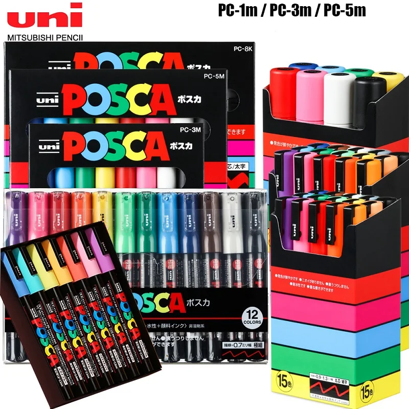 Uni Poscas Acrylic Markers Full Set Colores Permanent Paint PenPC-1M/3M/5M/8K/17K Art Stationery  Poster Advertising Graffit