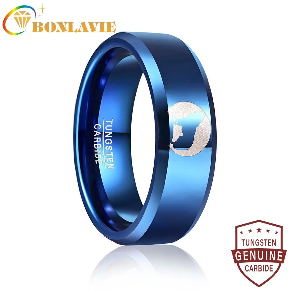 

BONLAVIE 8mm Polished Electric Blue Laser Wolf Pattern Tungsten Steel Ring Fashion Wedding Rings for Men Best Gift Size 7-12