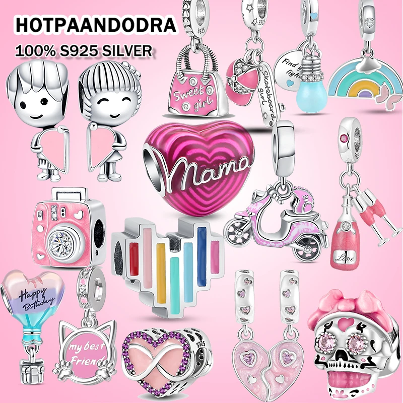HOT Sale 925 Silver Charm Dangle Beads Pink Collection Hot Air Balloon Love Handbag DIY Bracelet Fit Original Pandora Jewelry