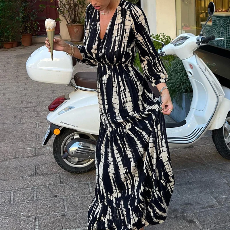 

Женское пикантное платье с открытой спиной в стиле бохо, модное многослойное свободное пляжное платье с плиссировкой, повседневное длинное платье с принтом и V-образным вырезом