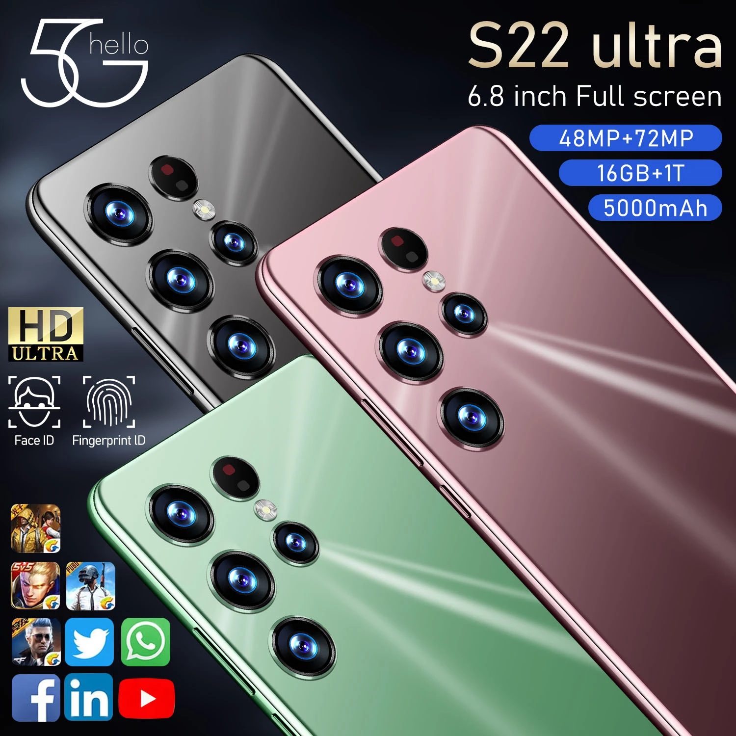 

Смартфон S22 Ultra, 6,8 дюйма, Android 12, 5000 мАч, WPS, 16 ГБ, 512 ГБ