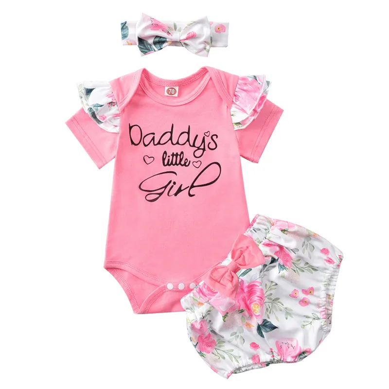 

Baby Girls 3Pcs Summer Outfits Ruffle Short Sleeve Letter Print Romper + Floral Bloomers + Headband Set