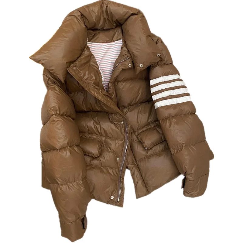 TB Short White Duck Bright Velvet Down Jacket Female Korean Casual Stand-collar Jacket Bread Suit