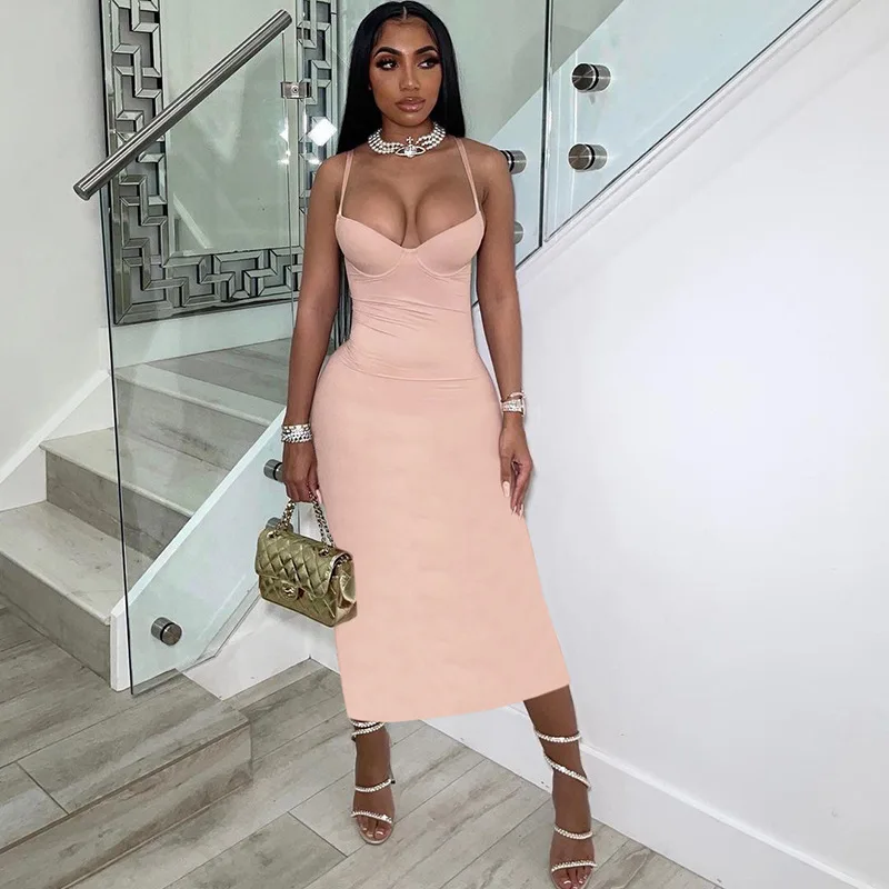 

2022 Spaghetti Straps Bodycon Sexy Midi Dresses Women Summer Elegant Backless Tight Party Evening Birthday Long Dress Pink Black