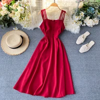 2022 summer vintage beach long dress women fashion solid spaghetti strap backless slim dress sexy club party dresses