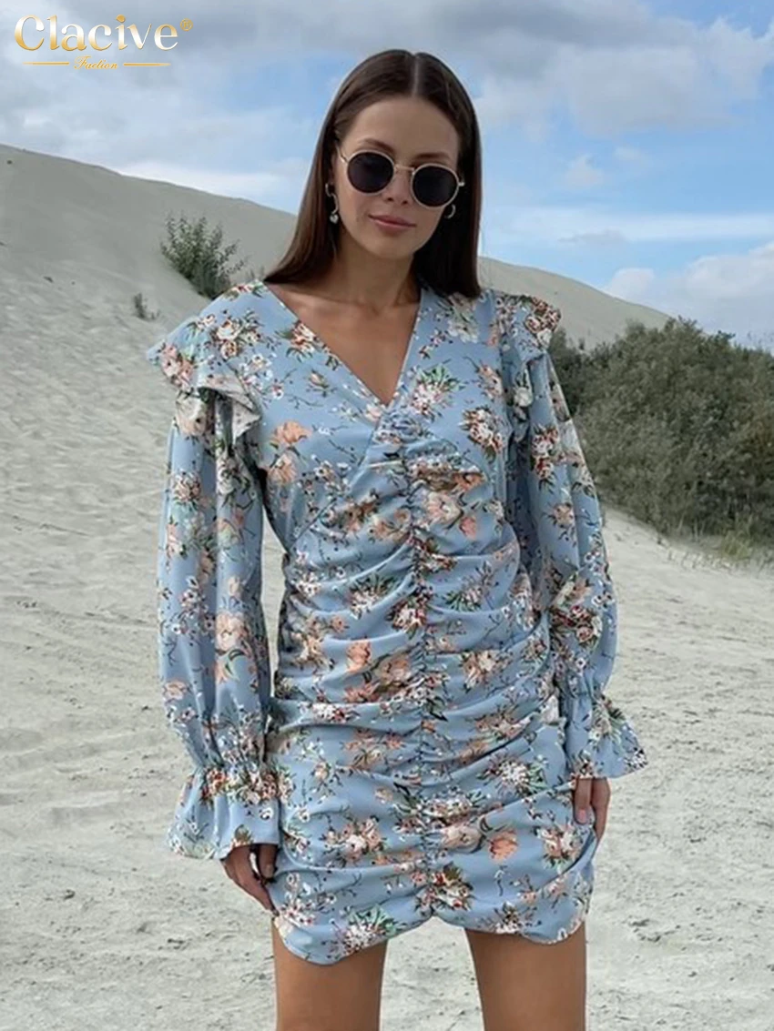 

Clacive Fashion Slim Print Dress Ladies Robe Elegant Classic V-Neck Long Sleeve Ruched Ruffle Dresses For Women Clothing 2023