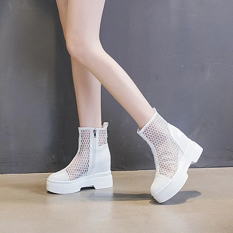 2023 Women High Heel Boots Mesh Hollow Out Transparent Boots Platform Shoes Black Boots Outdoor Women Summer High Top Shoes