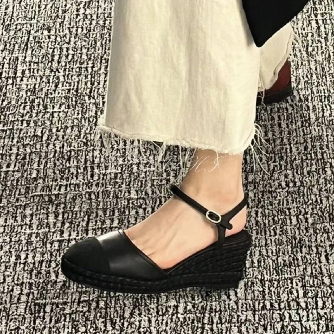 Apricot Wedge Bucket Shoes Leather Suede Black Espadarille Women Braided Round Cover Heel Casual Mixed Colors Sandal Buckle Shoe