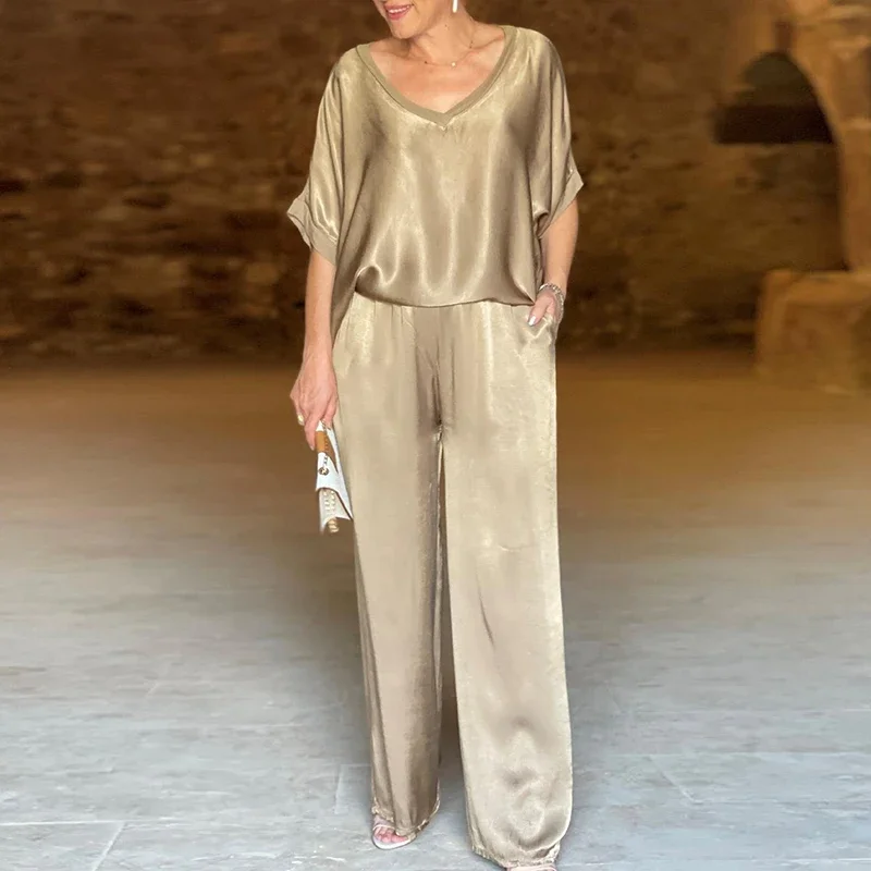 Однотонный топ с V-образным вырезом и брюки широкими штанинами комплекты одежды