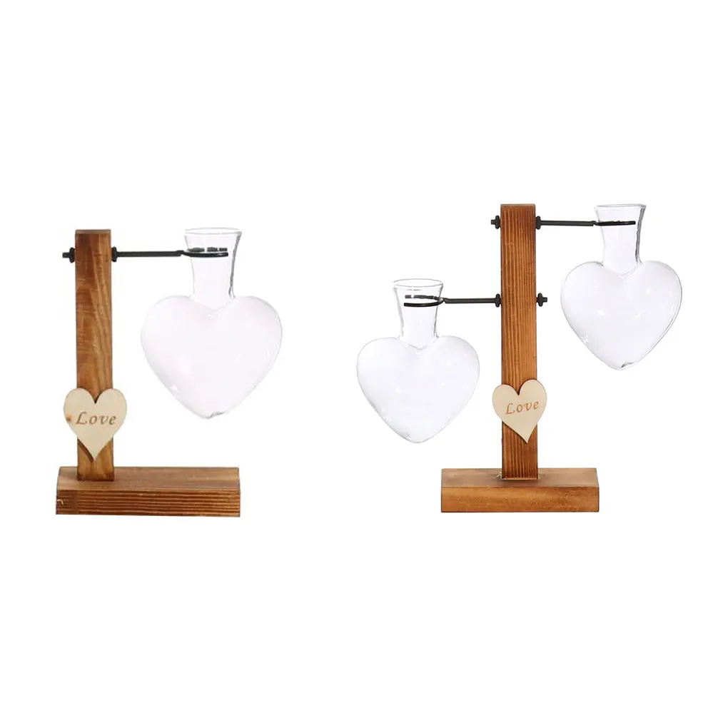 

Home Office Hotel Wood Stand Hydroponic Flower Vase Living Room Plant Terrarium Transparent Heart Shaped Glass Planter