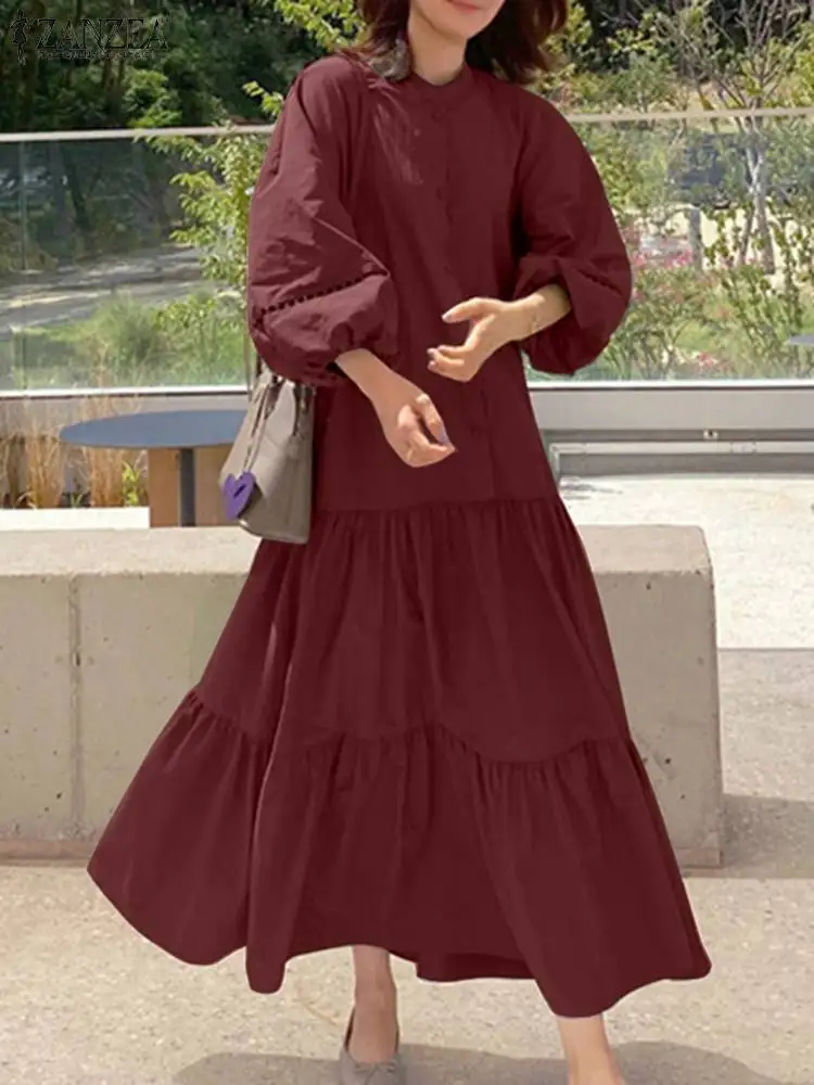 

ZANZEA Vintage Autumn Maxi Dress Women Long Sleeve Lace Crochet Sundress Buttons Shirt Vestidos Bohemian Patchwork Robe Dresses