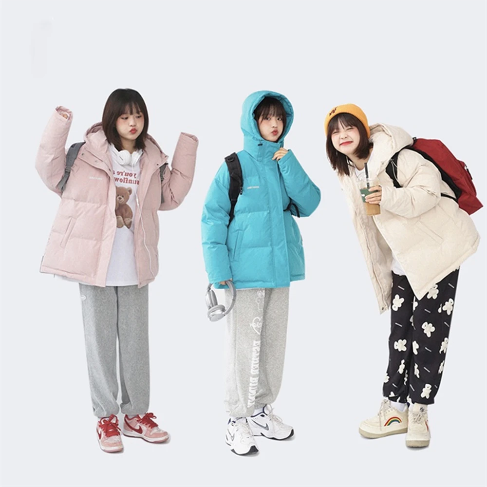2022 New Winter Solid Color Hooded Thickened Down Jacket For Students Loose Straight Cotton Jacket For Women