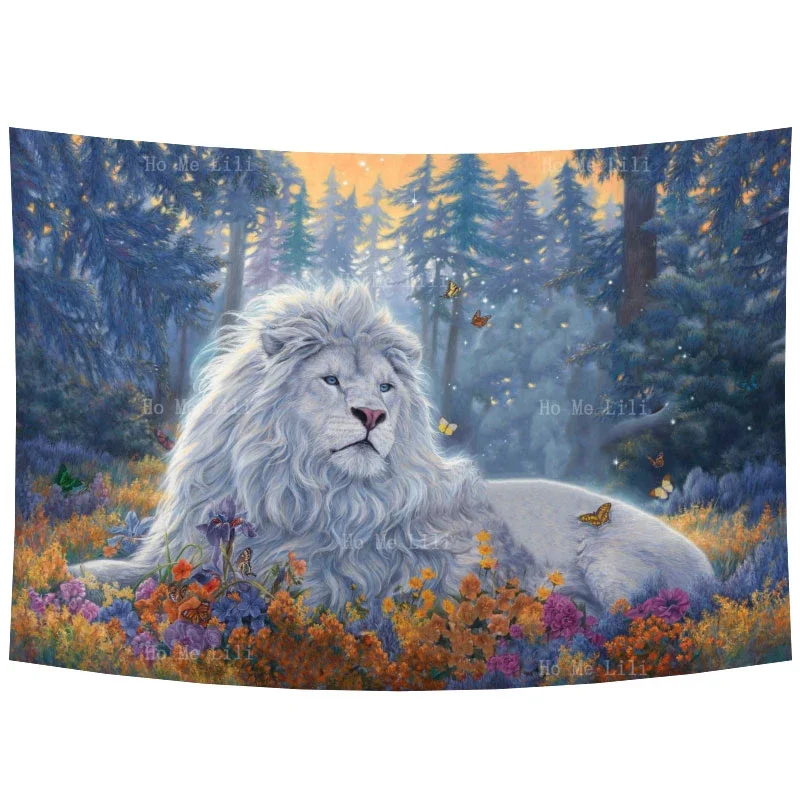 Звездный фэнтези Лев Луна Мистический Синий Лес с Цветами и Дикими Животными