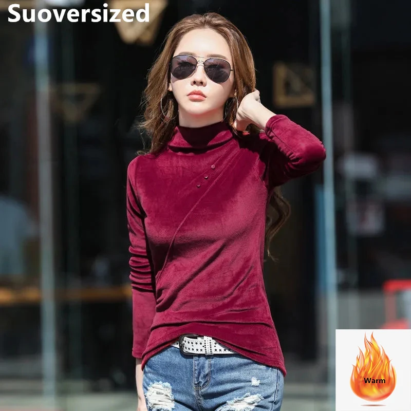

Half Turtleneck Velvet Plush Lining Tshirt Tops Long Sleeve Warm Women Pullover Fall Winter Korean Slim Casual Bottoming Blouse