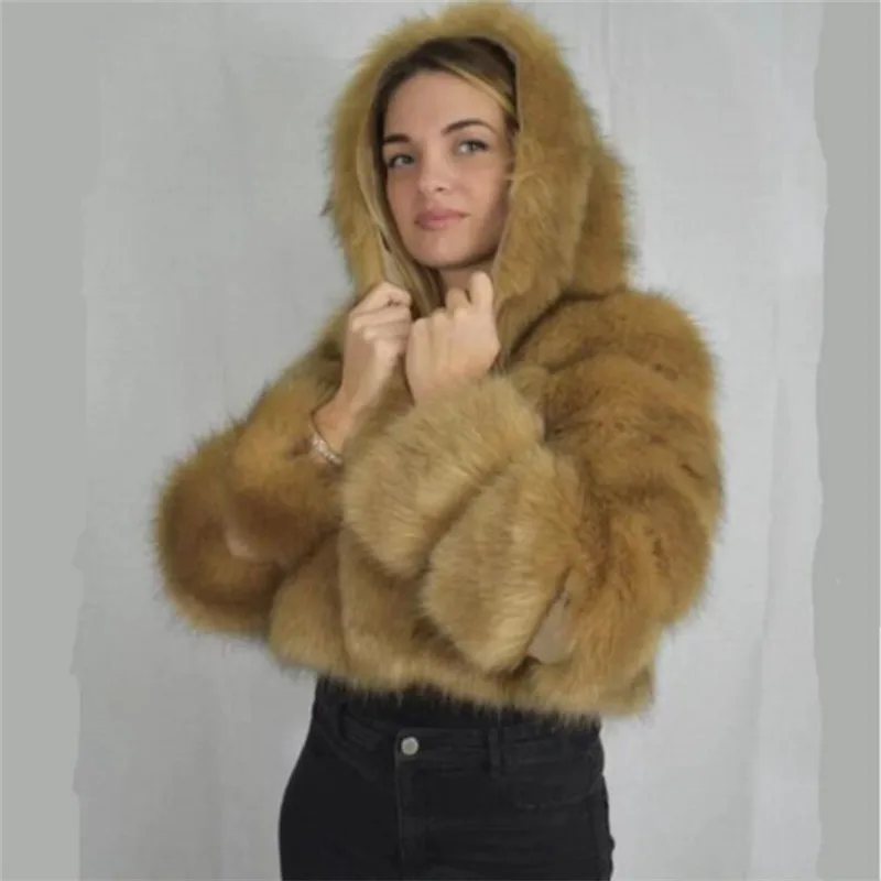 

2023 High Quality Furry Cropped Faux Fur Coats and Jackets Women Fluffy Top Coat With Hooded Winter Fur Jacket Manteau Femme