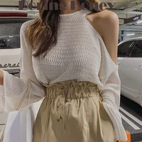 boring honey korean style hollow out sunscreen shirt long sleeves tops loose and comfortable knitted solid colors tops women