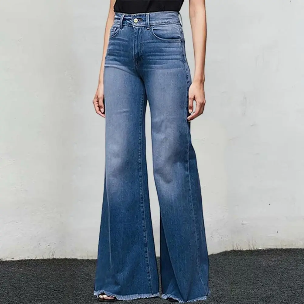 

Gradient Color Multi Pockets Button Fly Tassel Women Jeans Fashion Mid-Waist Women Flare Jeans Streetwear