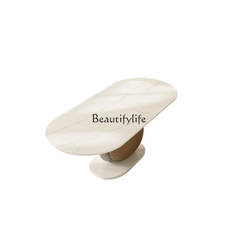 Обеденный стол и стулья из массива камня французский белый терраццо овальное