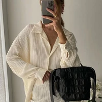 2022 causal loose home suit autumn long sleeve blouse with high wasit pants set women elegant pleated beige 2 piece pant sets