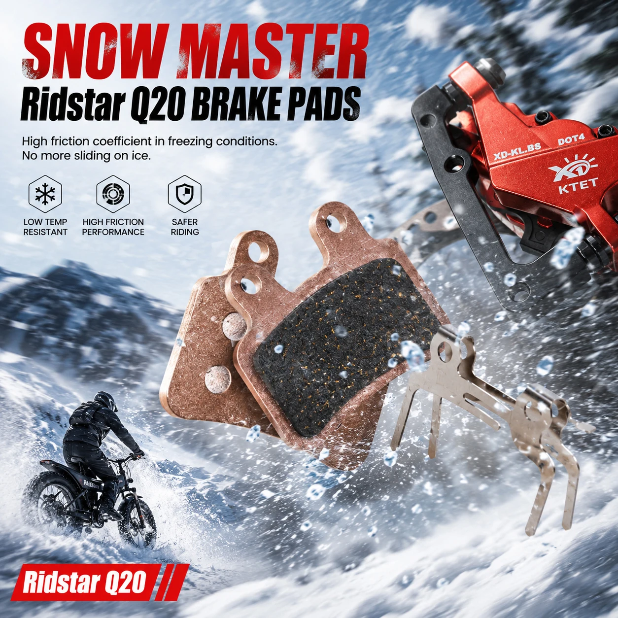 Фото Тормозные колодки Ridstar Q20 полуметаллические, 2 пары, для гидравлических суппортов KTET XD-KL.BS с 2 поршнями, Ridstar Q20 EKX X21 Freego X2 №4