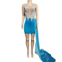 gauze nude perspective shining rhinestones sleeveless sexy women blue velvet dress party club clothing stage singer costume