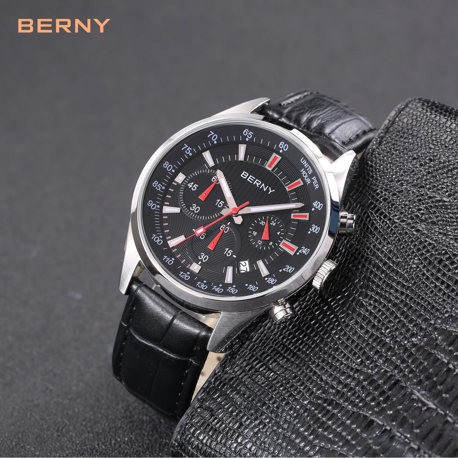 

BERNY Luxury Driving Watch for Men Quartz Wristwatch Japan Multifunction Chronograph Speed Date Clock Leather Bracelet Man Watch