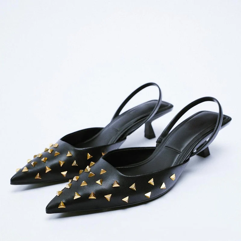 

Модные женские босоножки с заклепками, фетиш, Стриптизер, заостренный носок, низкий каблук, туфли-лодочки, роскошные женские туфли-лодочки, ...