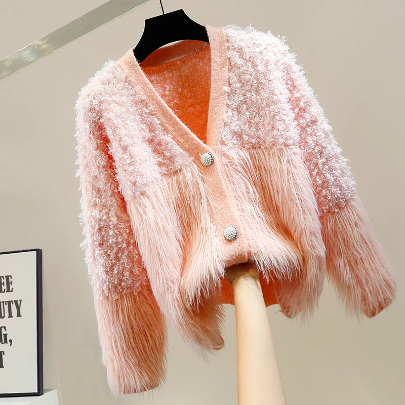 

Однобортный свитер Heavy Industry с бусинами и V-образным вырезом, плотный Пушистый кардиган с бахромой, женский свободный Зимний вязаный свитер, пальто