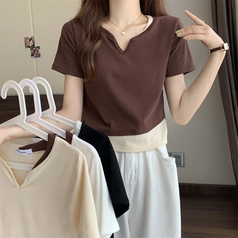 

Sandro Rivers Summer Positive Shoulder Fake Two Pieces Short-Sleeved Female Design Sense T-Shirt Slim High Waist Top