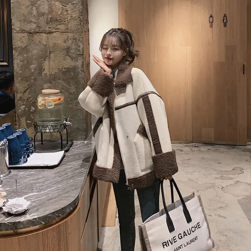 Lamb Hair Long-sleeved Jacket Women's Fashion Winter 2021 Women's Korean Chic Loose Thick Retro Fur All-in-one Motorcycle Suit